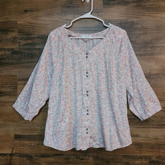 CJ Banks Ditzy Floral Top 1X Ruffle 3/4 Sleeve Button Front Pleated Cotton Boho - Picture 1 of 10